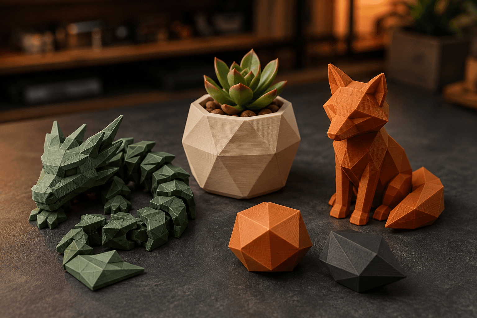 Low-poly 3D printed dragon, fox, planter and geometric objects
