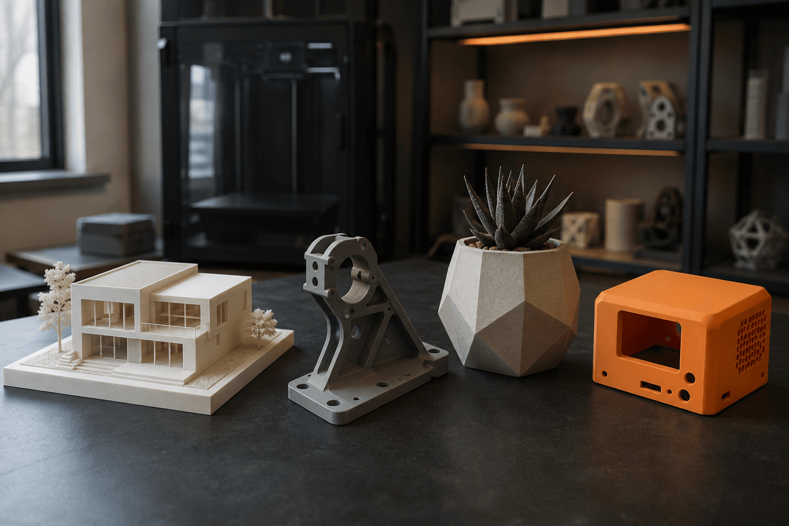3D printed architectural model, mechanical component, planter and orange enclosure